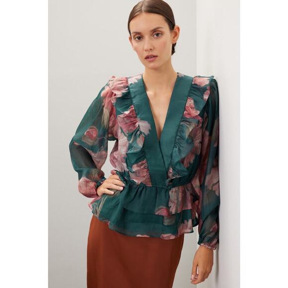 HUTCH Green Floral Chiffon Long Sleeves V-Neck Ruffle Trimmed Sema Top Size S - Picture 1 of 12